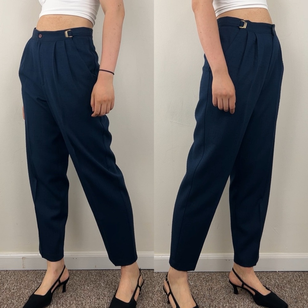 Vintage Navy Blue High Waisted Tapered Trousers Pants - Picture 3 of 8